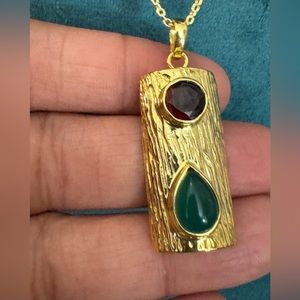 Garnet and Green Onyx Pendant and Chain . 18K Gold over 925 Sterling Silver